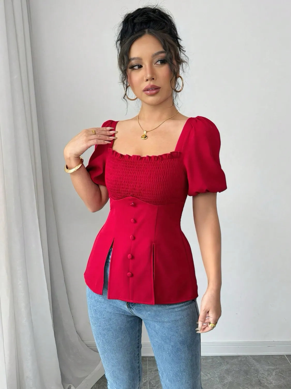 Slit Square Neck Short Sleeve Blouse OutfitFlow