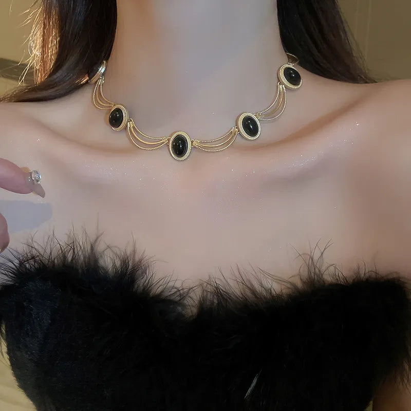 Alloy Oval Gemstone Necklace Gold One Size OutfitFlow