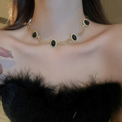 Alloy Oval Gemstone Necklace Gold One Size OutfitFlow