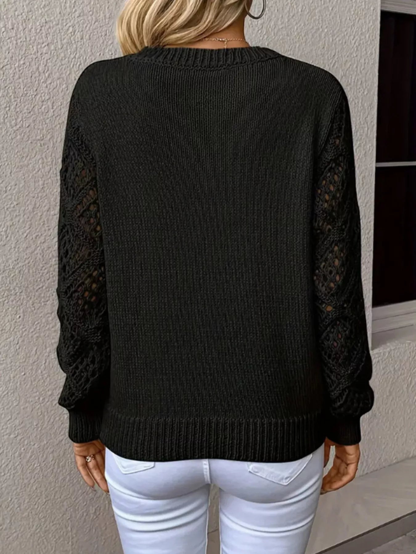 Openwork V-Neck Long Sleeve Sweater OutfitFlow