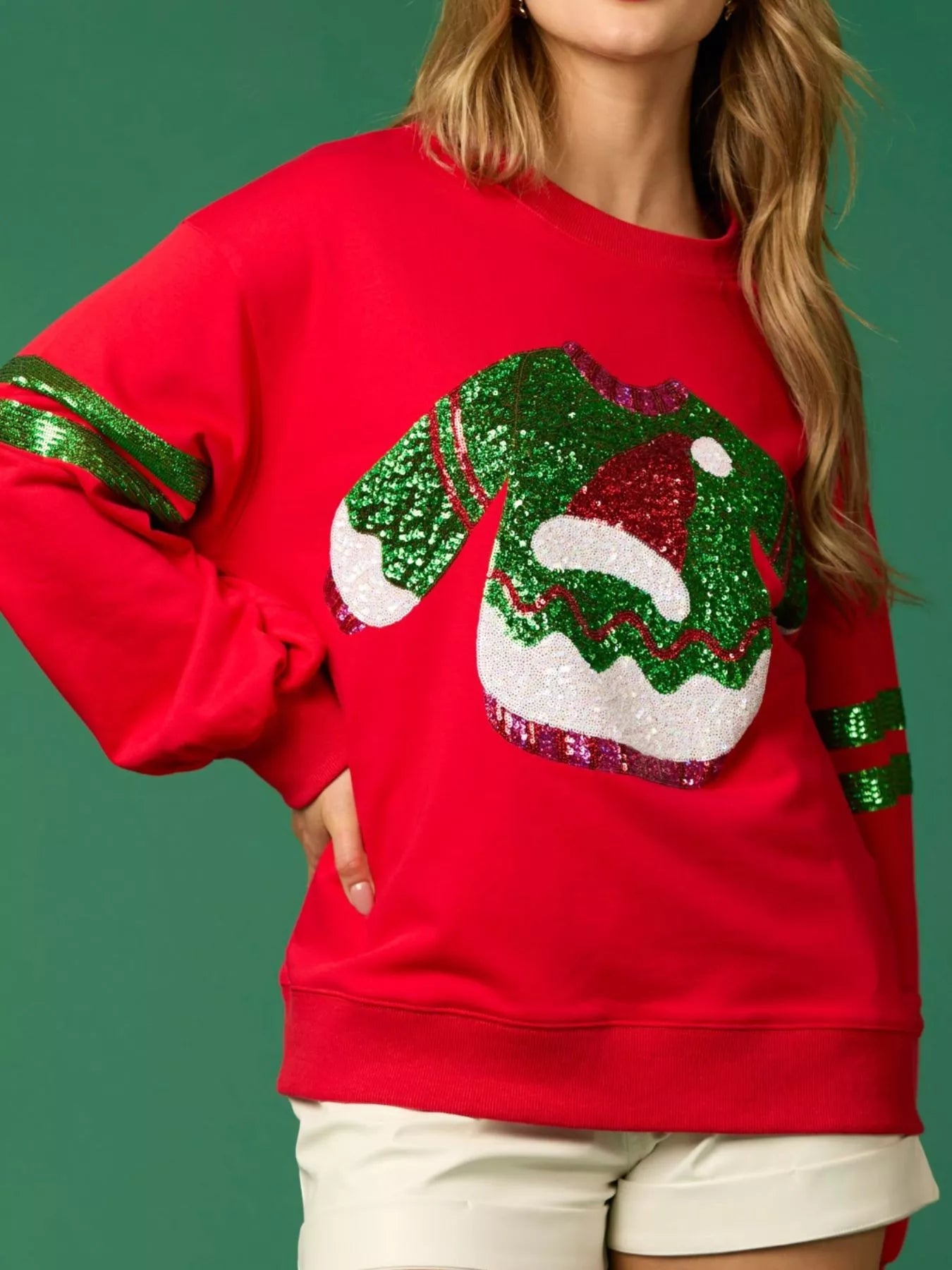 Christmas Sequin Santa Hat Holiday Sweatshirt OutfitFlow
