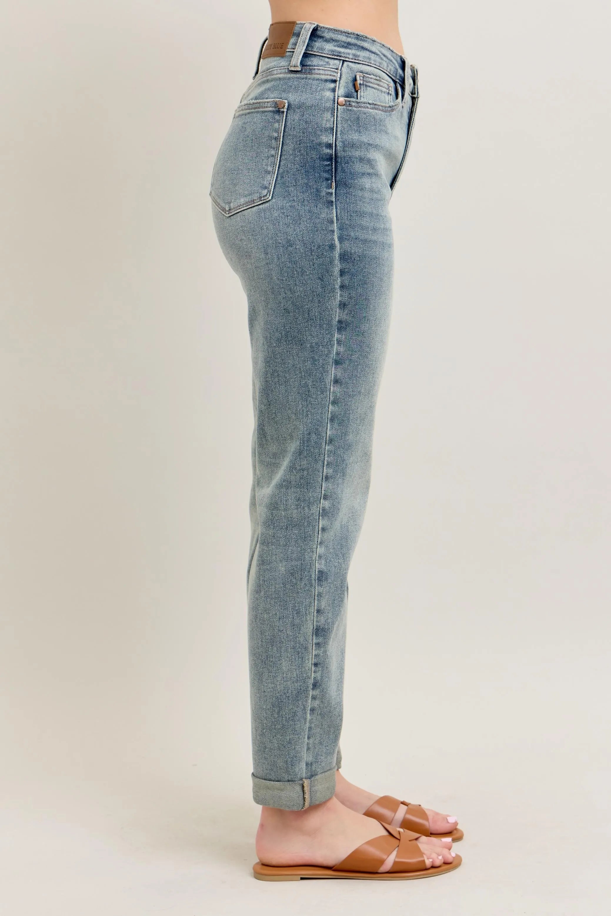 Judy Blue Full Size Hw Vintage Wash Double Roll Cuff Bf Jeans Plus Size OutfitFlow