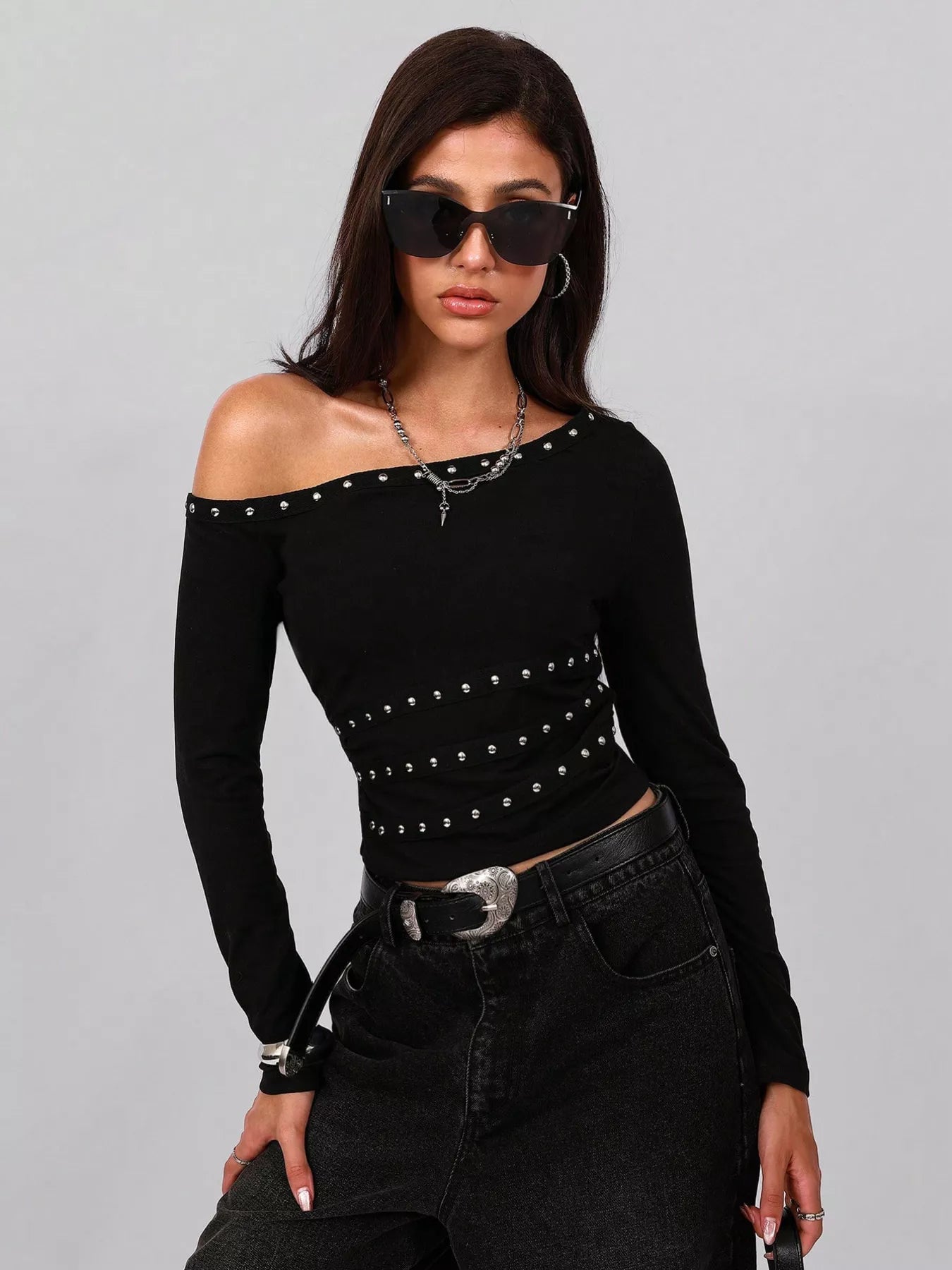 Studded One Shoulder Long Sleeve T-Shirt OutfitFlow