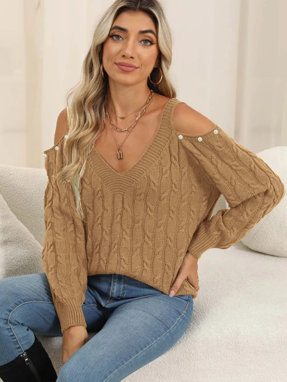 Cable-Knit Cold Shoulder Sweater Camel OutfitFlow