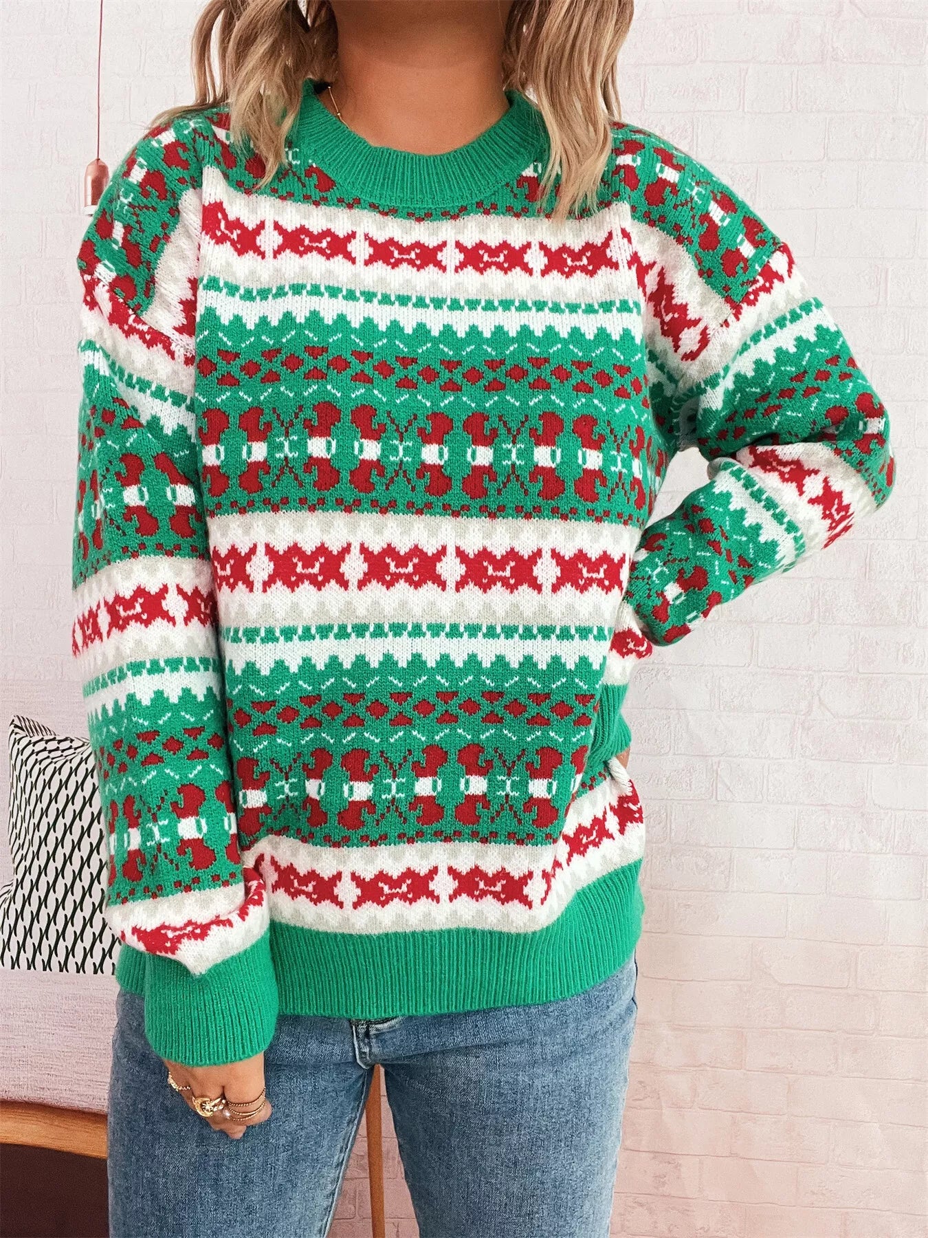 Round Neck Dropped Shoulder Sweater OutfitFlow