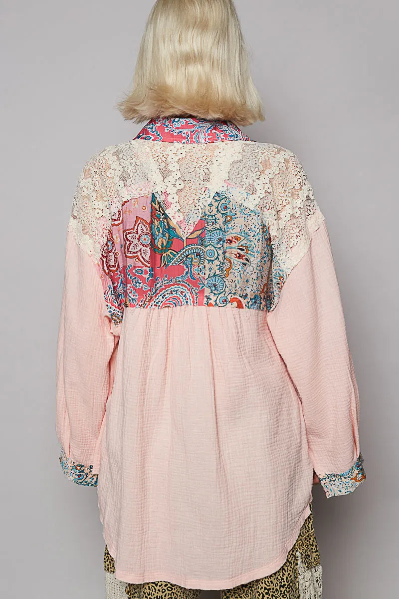 POL Lace Patchwork Floral Trim Long Sleeve Shirt OutfitFlow