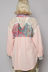 POL Lace Patchwork Floral Trim Long Sleeve Shirt OutfitFlow