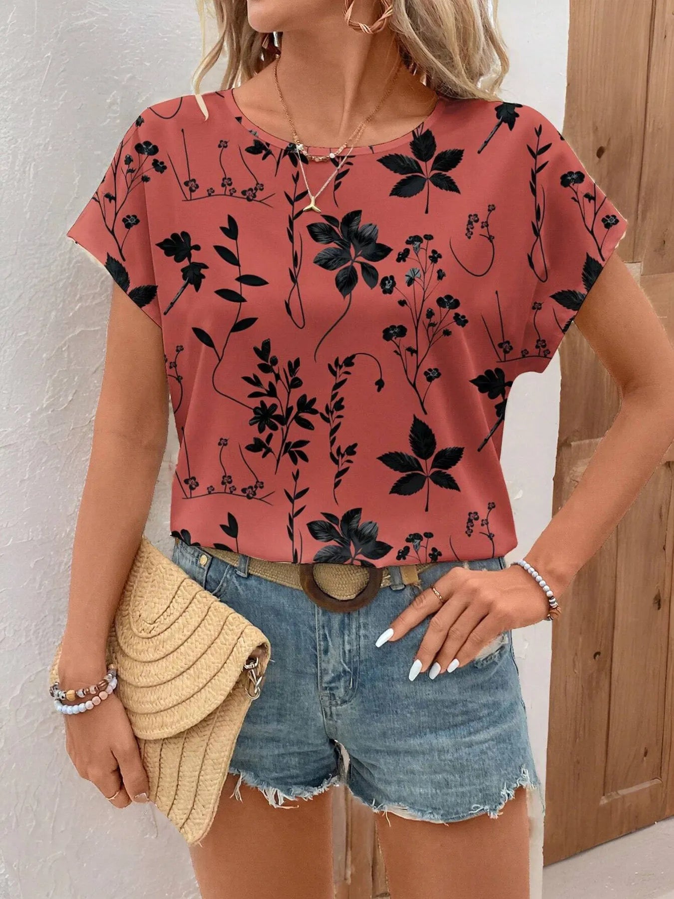 Printed Round Neck Short Sleeve Blouse Red OutfitFlow