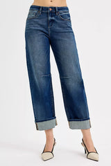 RISEN Slouchy Crop Barrel Cuffed Jeans DARK OutfitFlow