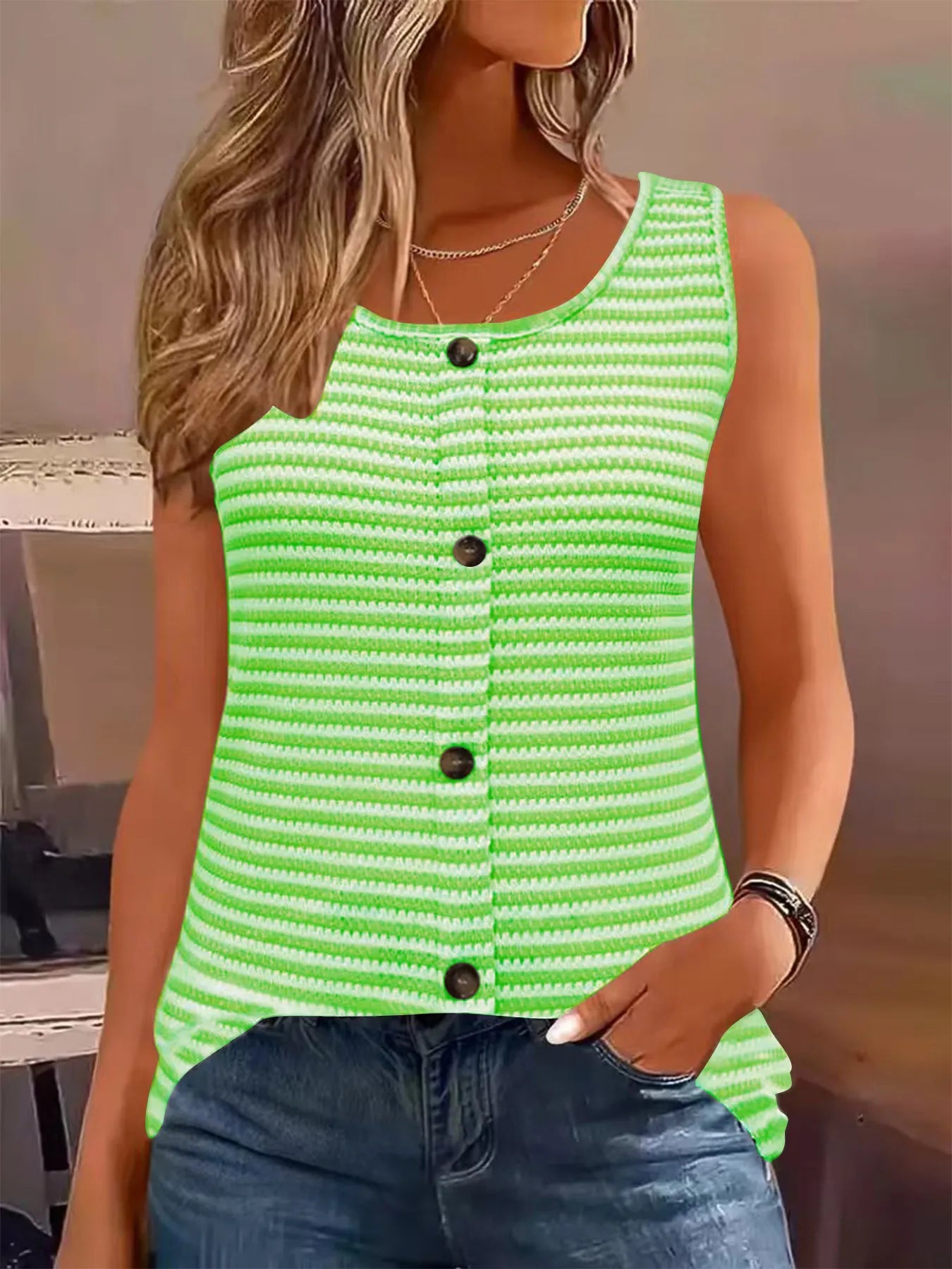 Striped Button Front Knit Tank Top Neon Green OutfitFlow