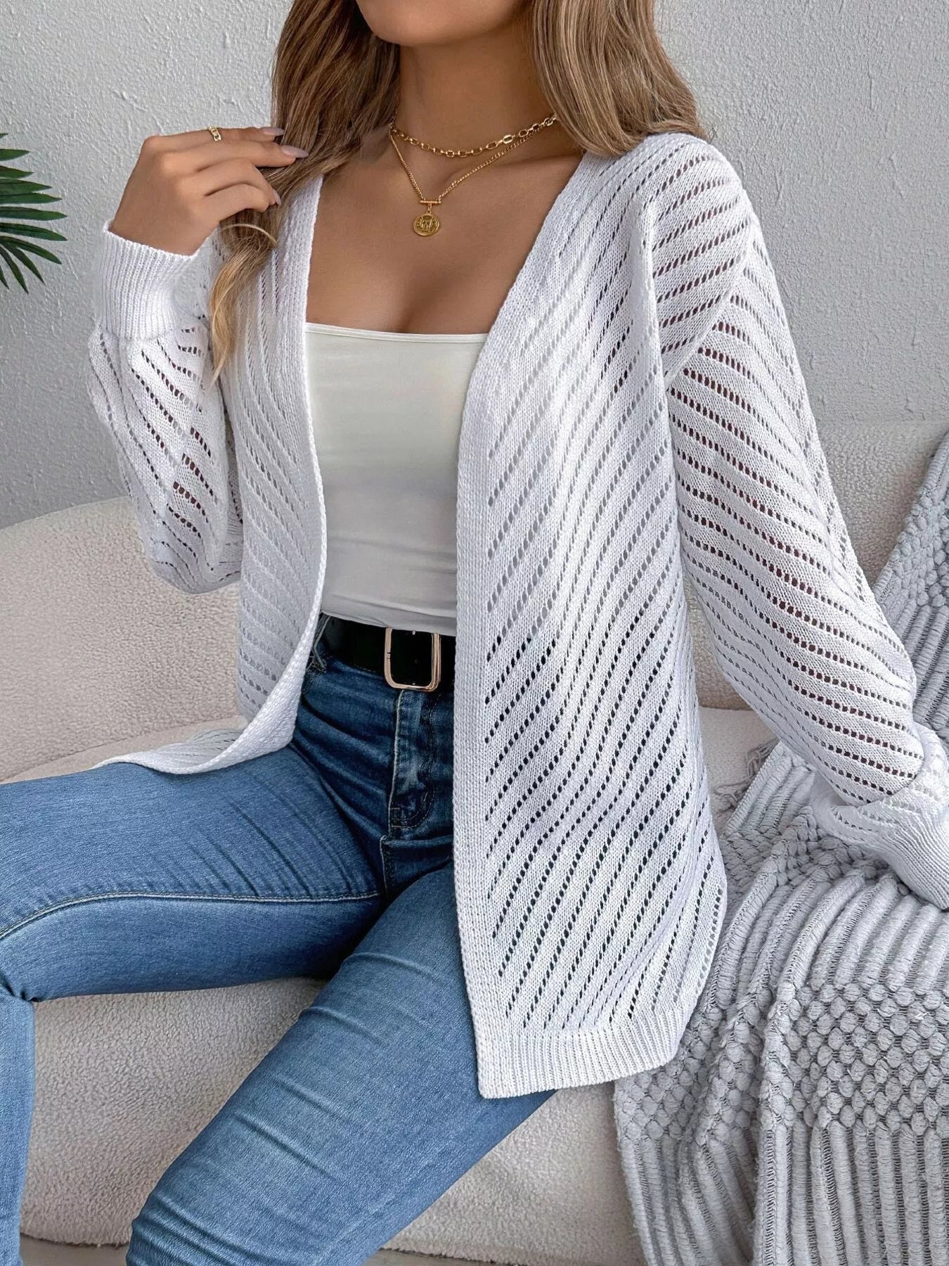 Openwork Open-Front Long Sleeve Cardigan White OutfitFlow