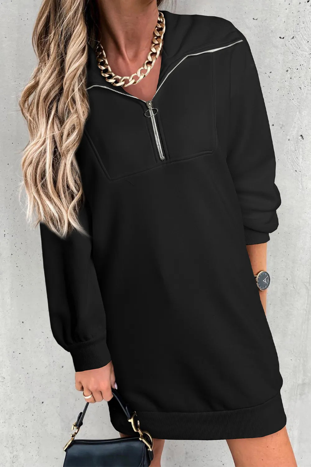Half Zip Dropped Shoulder Mini Sweatshirt Dress OutfitFlow