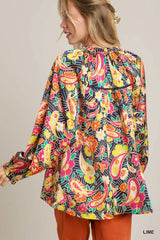 Umgee Full Size Satin Paisley Ruffle Neck Button-Up Shirt Plus Size Trendsi
