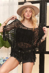 ADORA Fringe Hem Crochet Top BLACK One Size OutfitFlow