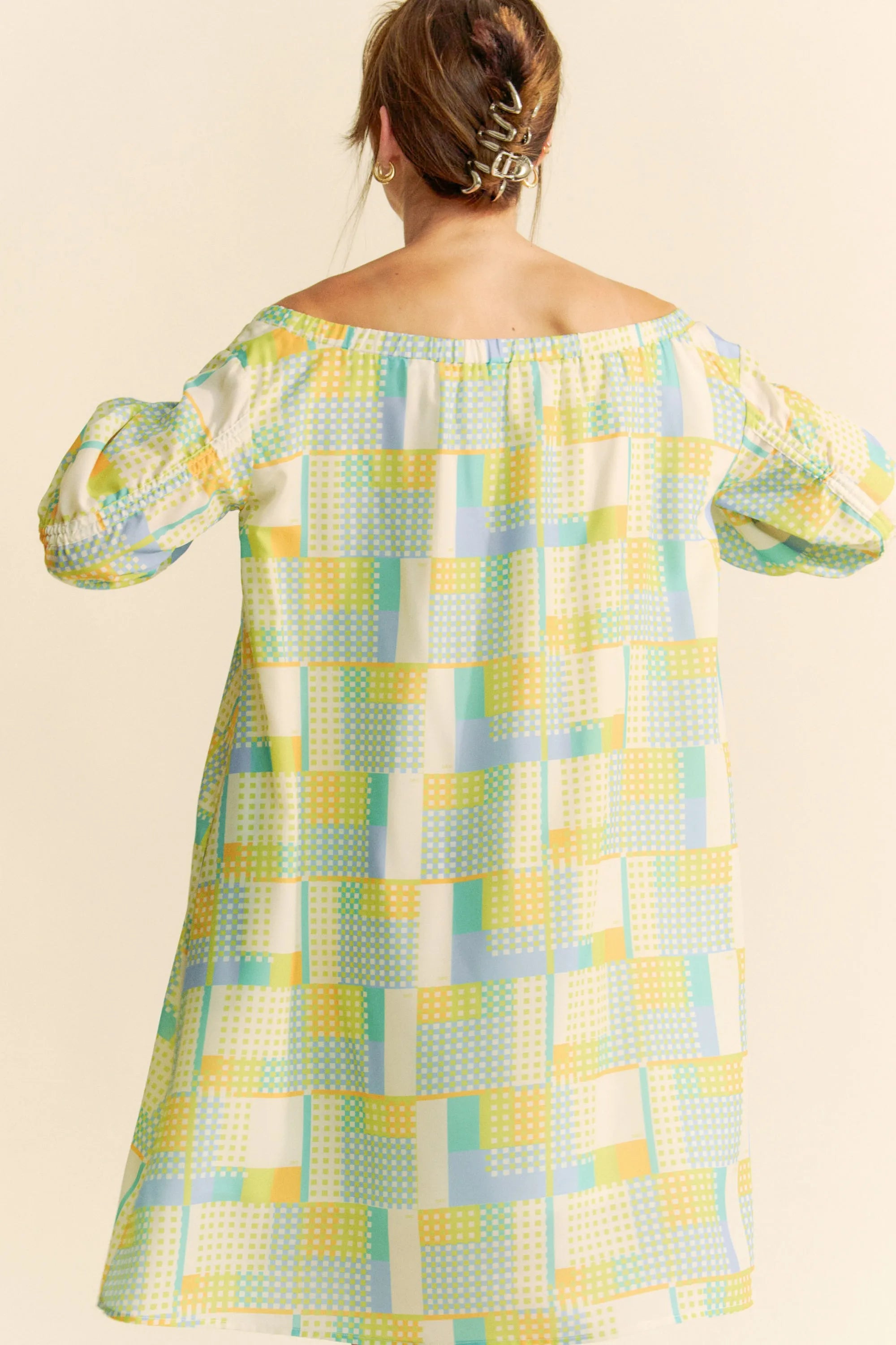 Davi & Dani Printed Off Shoulder Drawstring Sleeve Mini Dress OutfitFlow