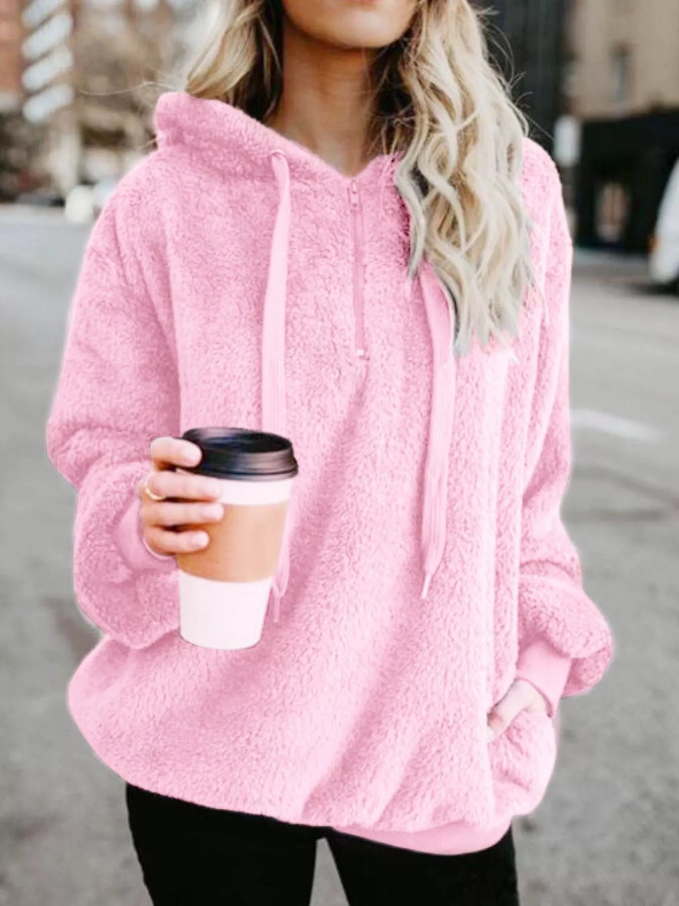 Full Size Half Zip Drawstring Fleece Hoodie Plus Size Pink OutfitFlow