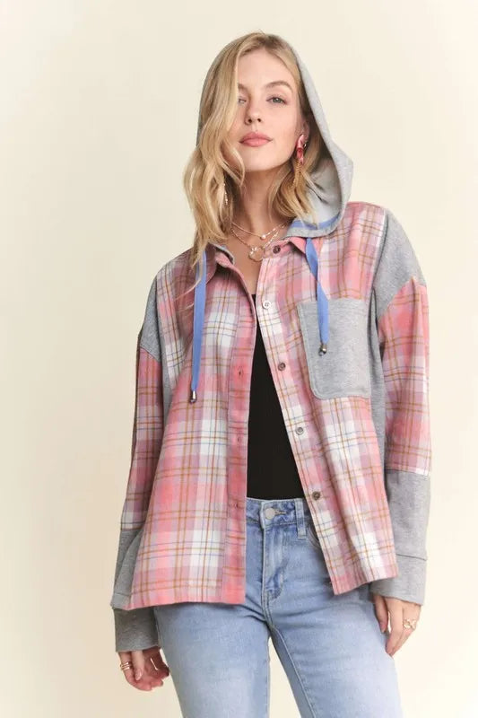 ADORA Button Down Plaid Hoodie Shacket OutfitFlow