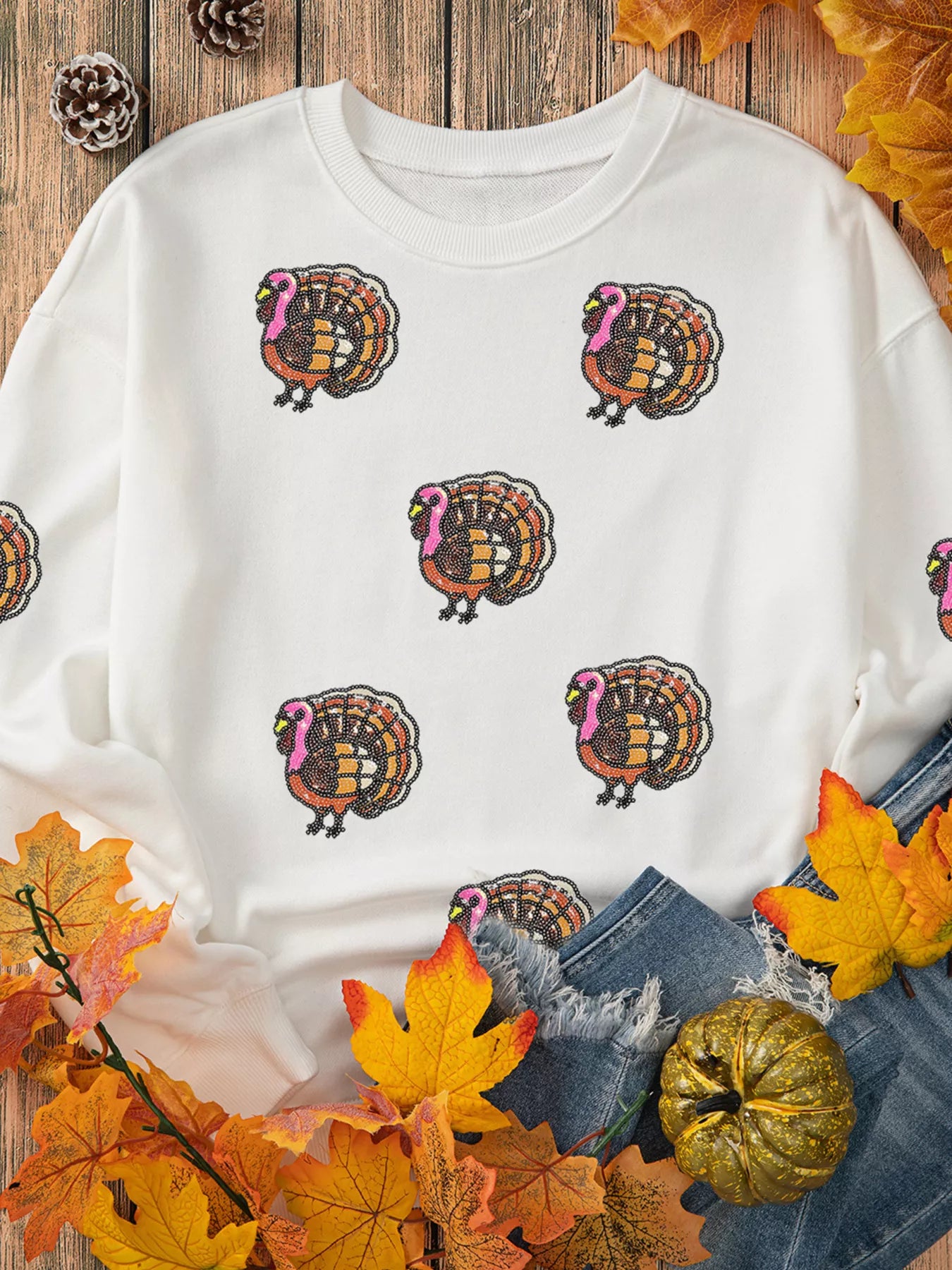 Thanksgiving Turkey Sequin Patched Sweatshirt OutfitFlow