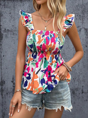 Smocked Printed Ruffled Blouse OutfitFlow
