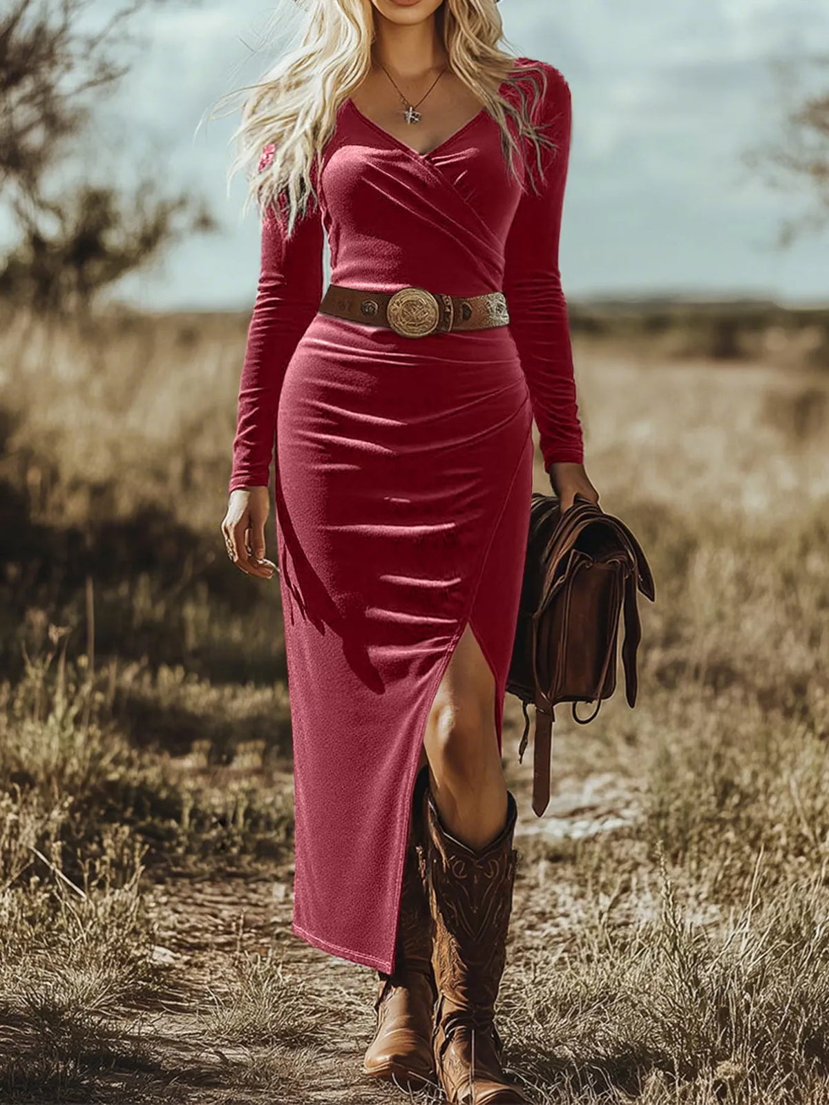 Long Sleeve Wrap Midi Dress with Slit Cerise OutfitFlow