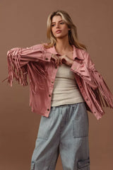 BiBi Suede Fringe Long Sleeve Jacket OutfitFlow