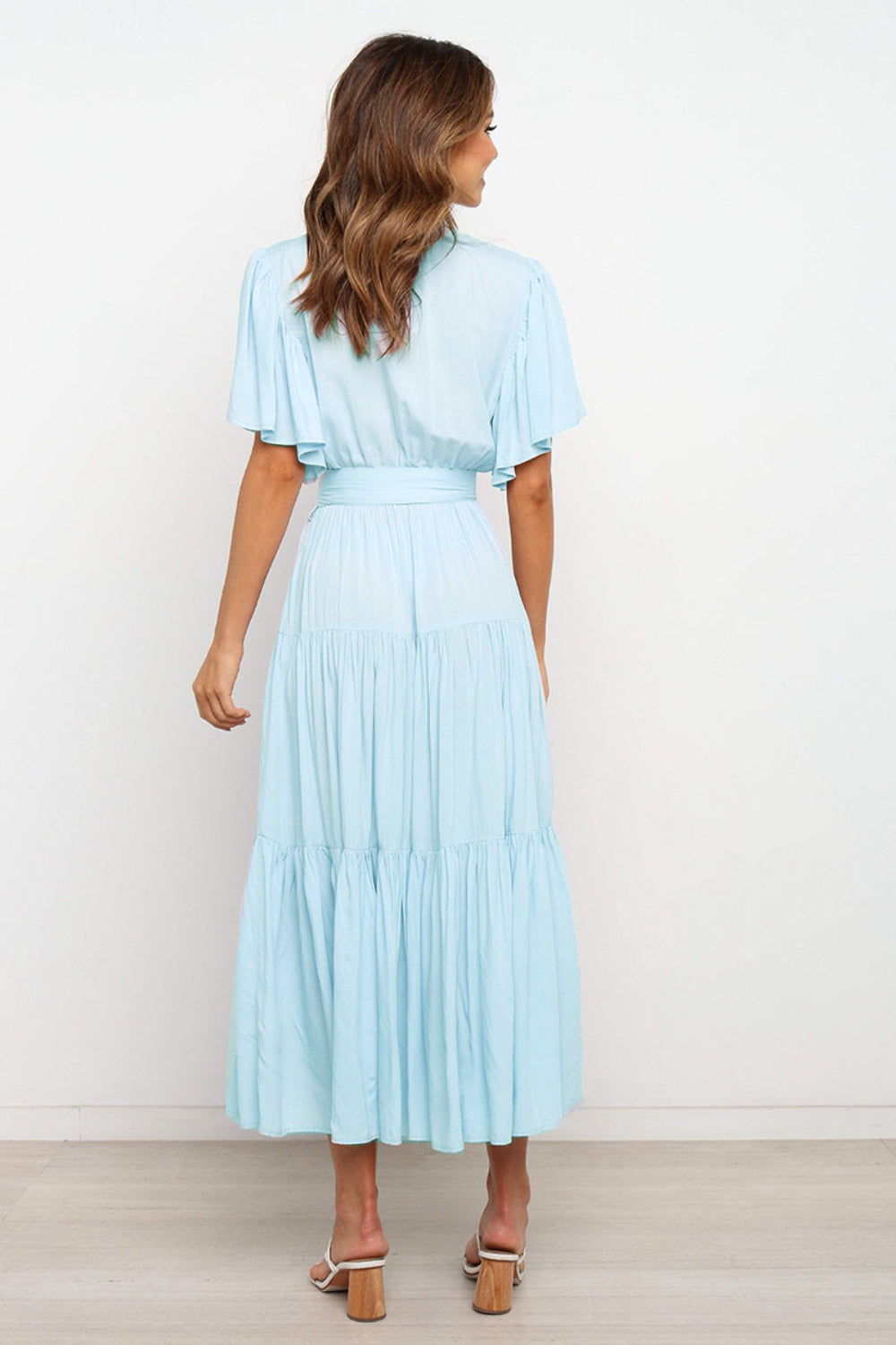 Tied Back Tiered Short Sleeve Midi Dress OutfitFlow