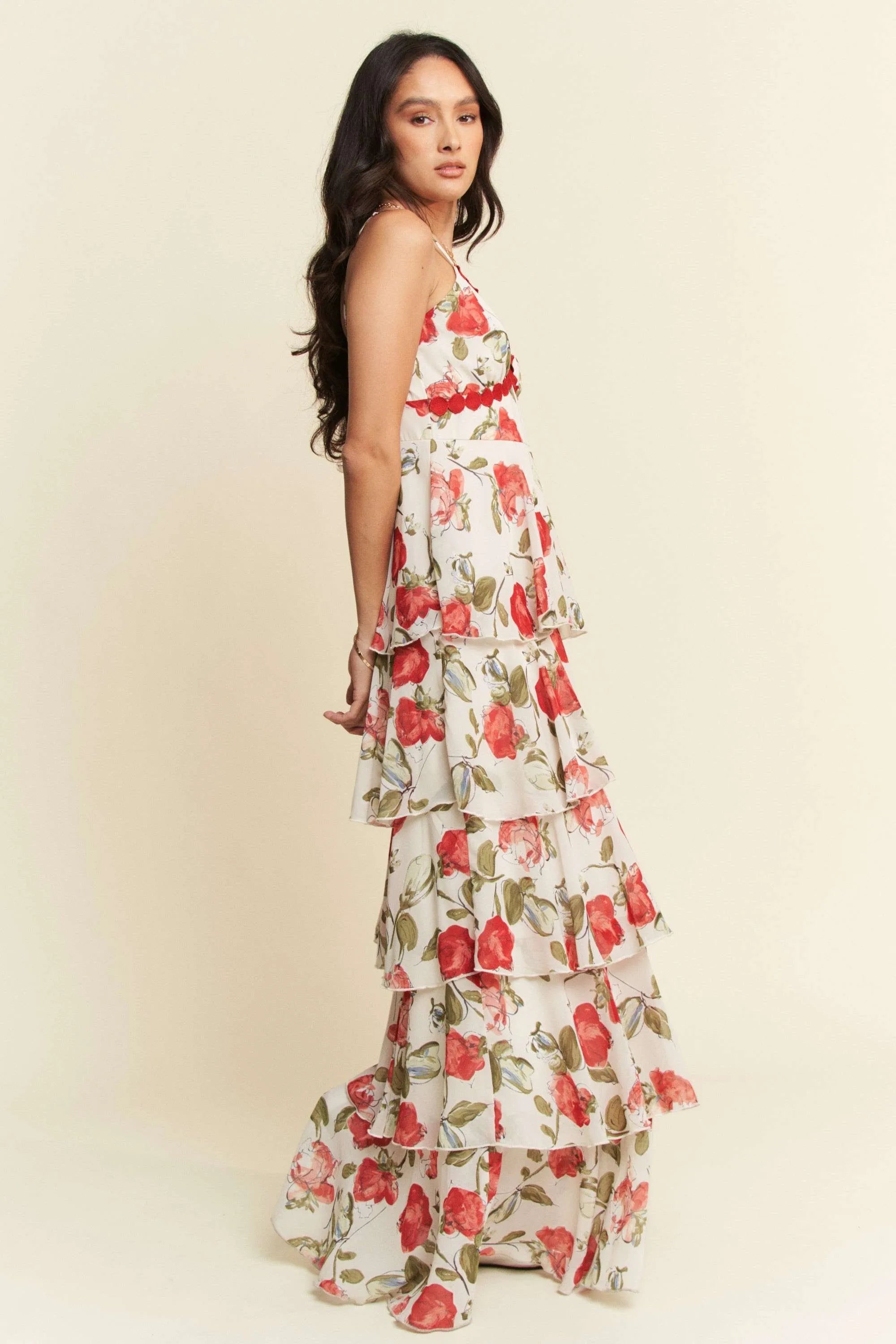 Davi & Dani Contrast Ring Lace Layered Ruffle Maxi Cami Dress OutfitFlow