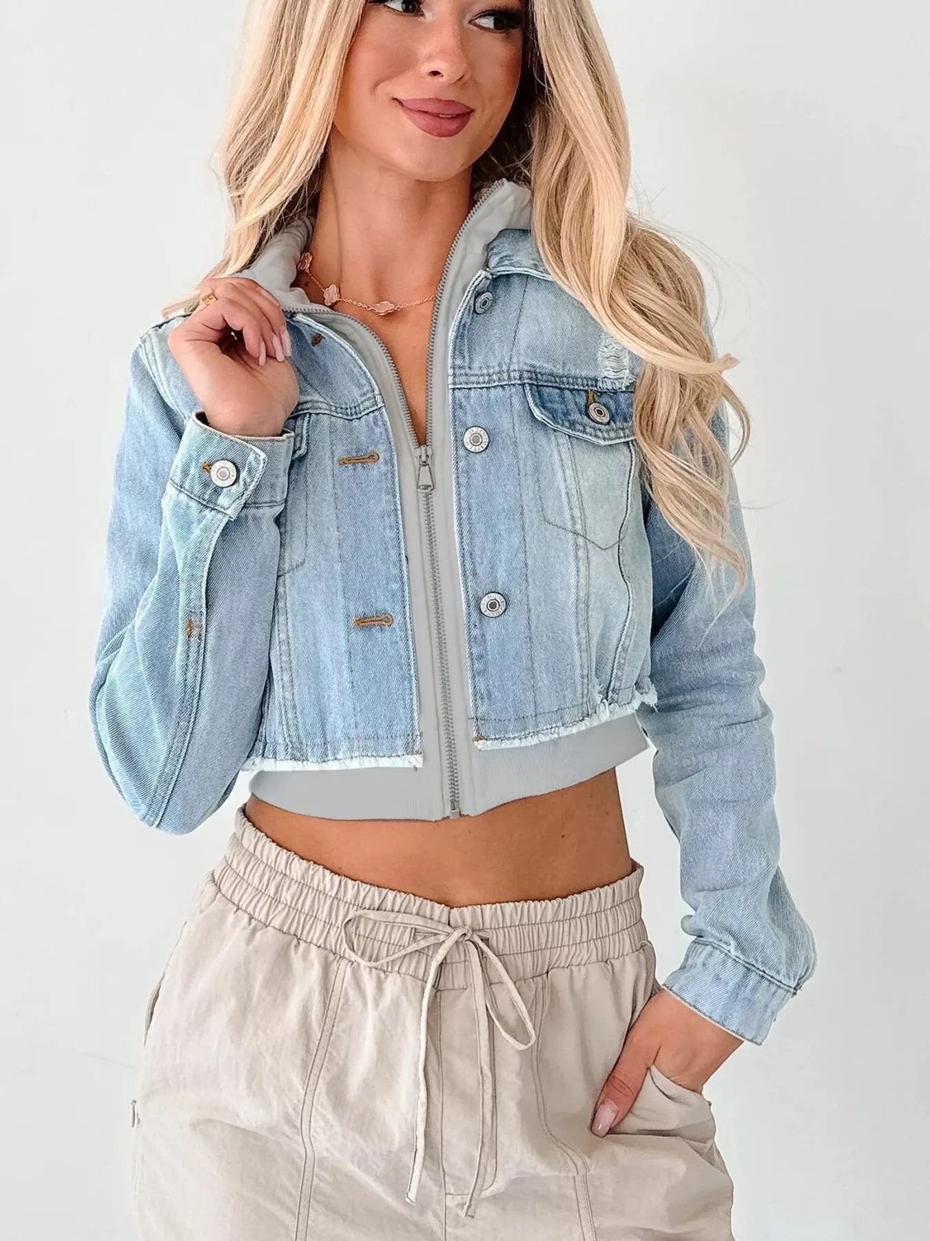 Distressed Zip Up Cropped Hooded Denim Jacket Light Blue Gray OutfitFlow