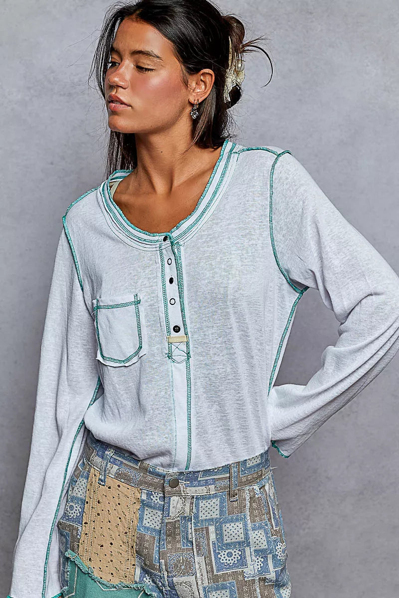 POL Round Neck Long Sleeve Top with Contrast Stitching OutfitFlow