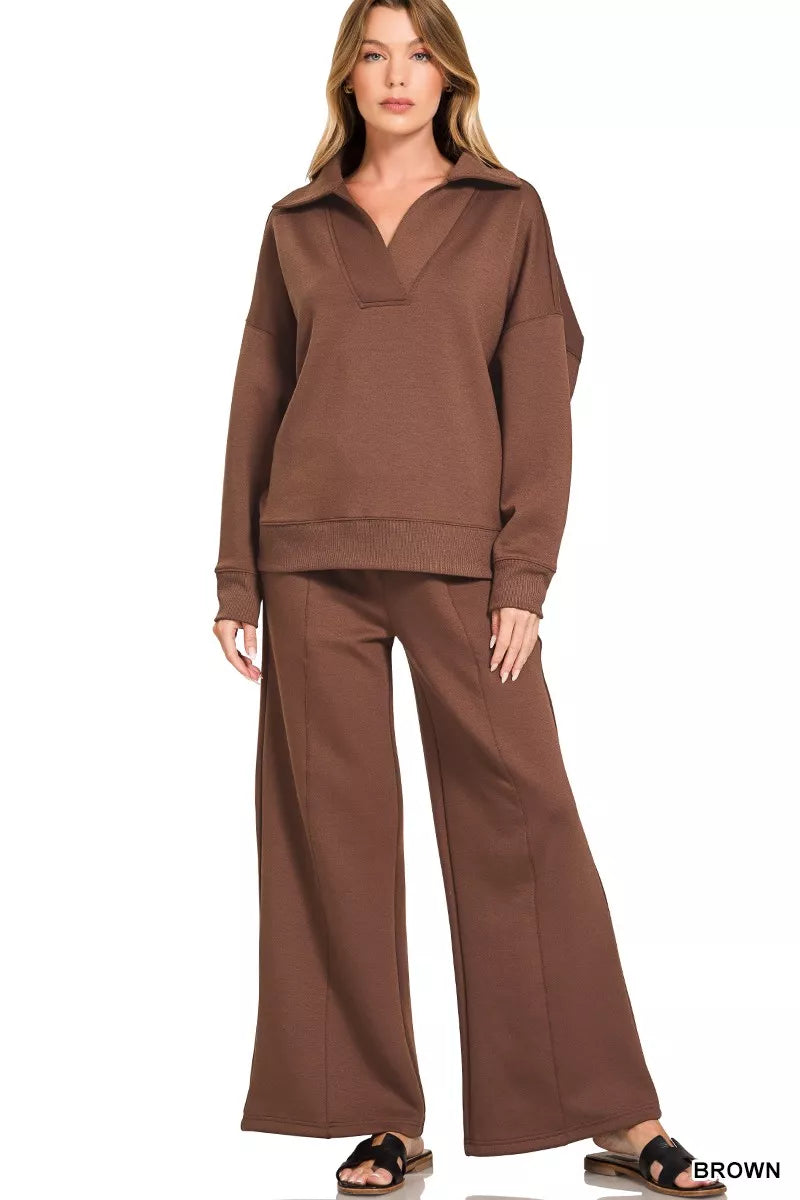 Zenana Scuba Collared Pullover and Pants Set BROWN OutfitFlow