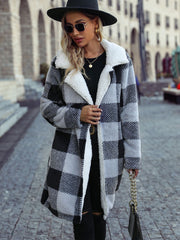 Plaid Open Front Coat with Pockets Black Trendsi