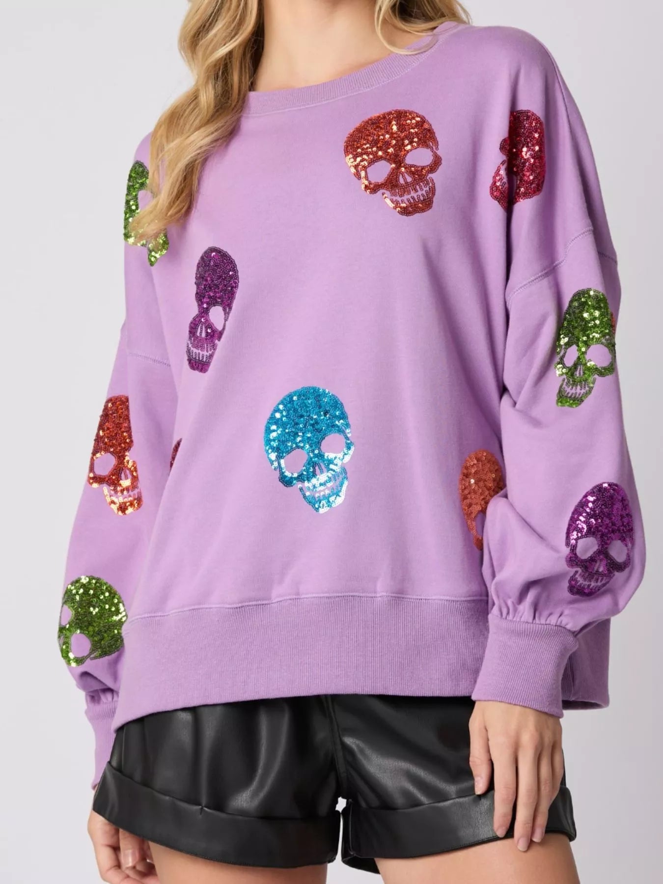 Halloween Colorful Skull Sequin Oversized Sweatshirt Purple OutfitFlow