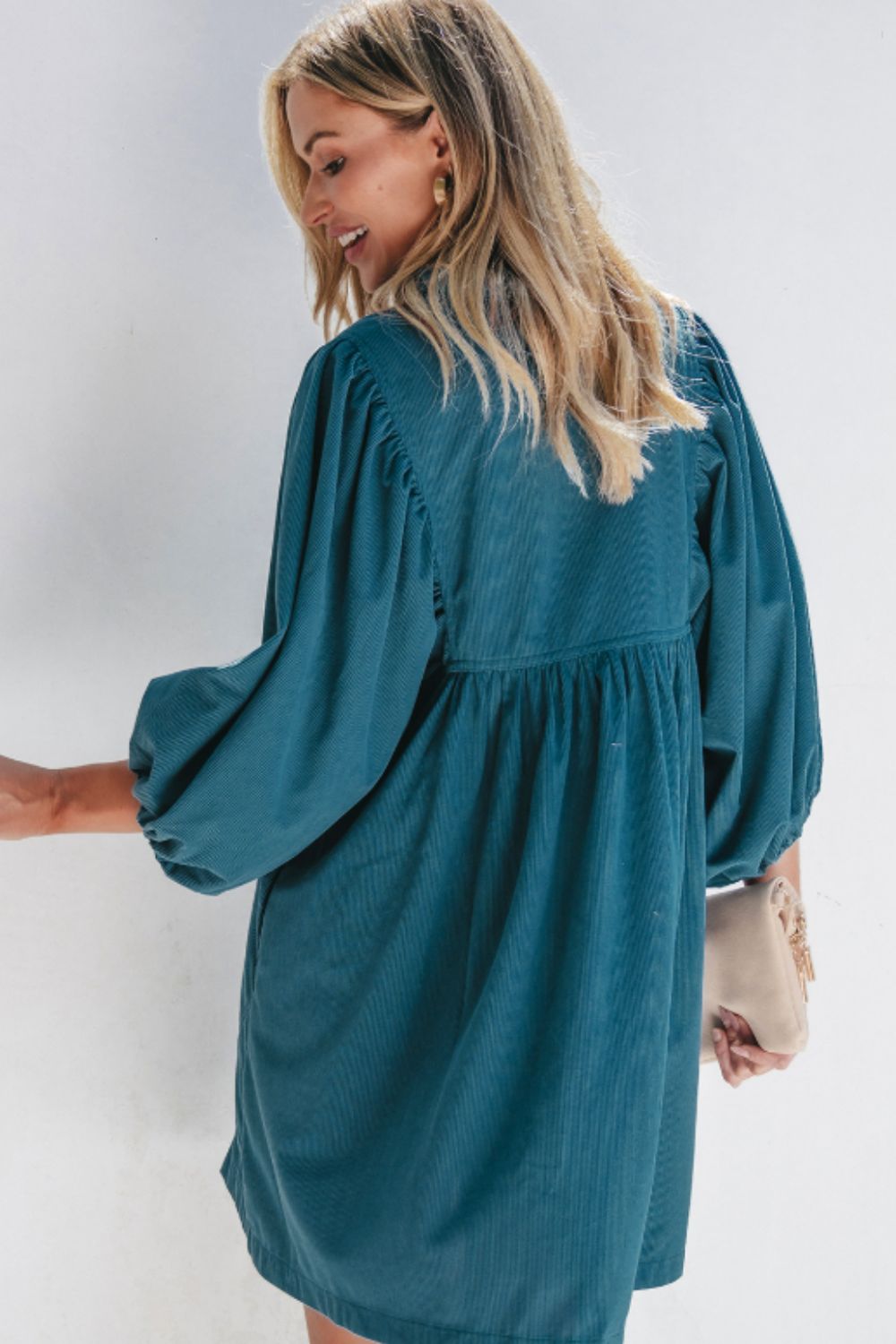 Corduroy Quarter Snap Three-Quarter Sleeve Dress OutfitFlow
