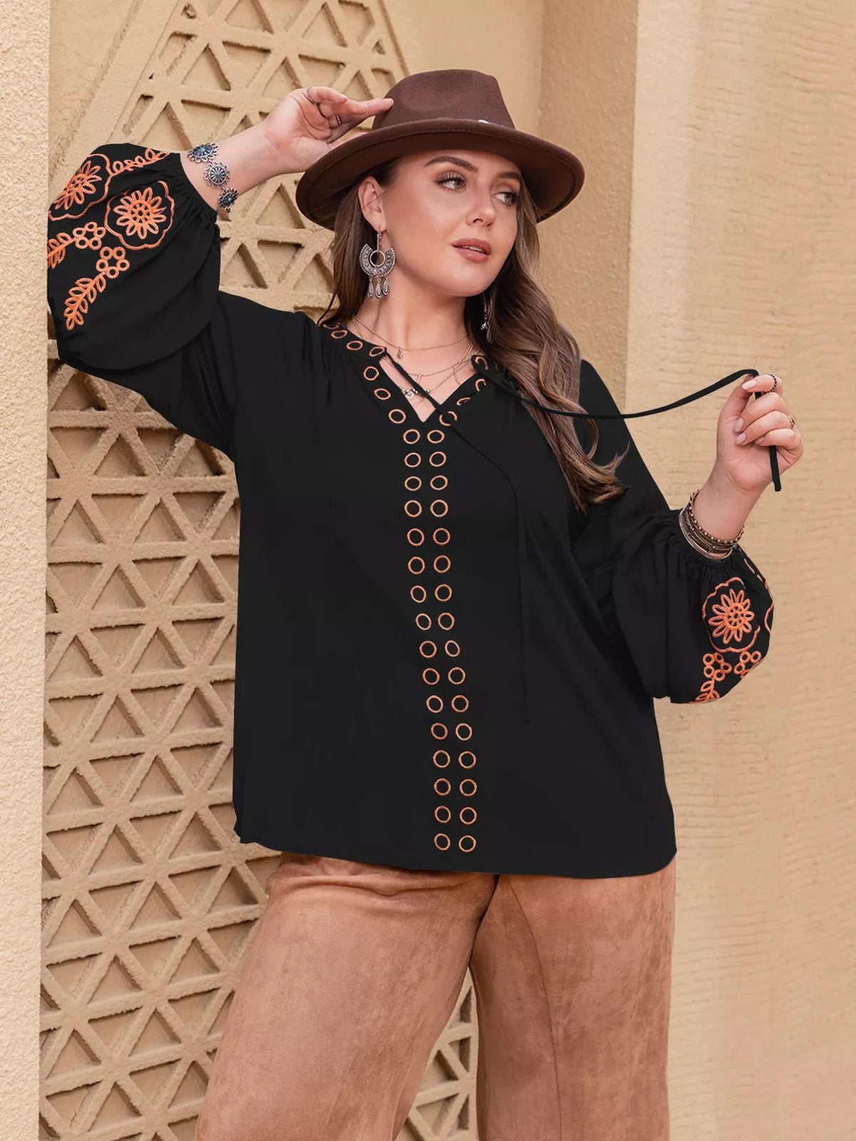 Plus Size Boho Embroidered Long Sleeve Blouse Black OutfitFlow