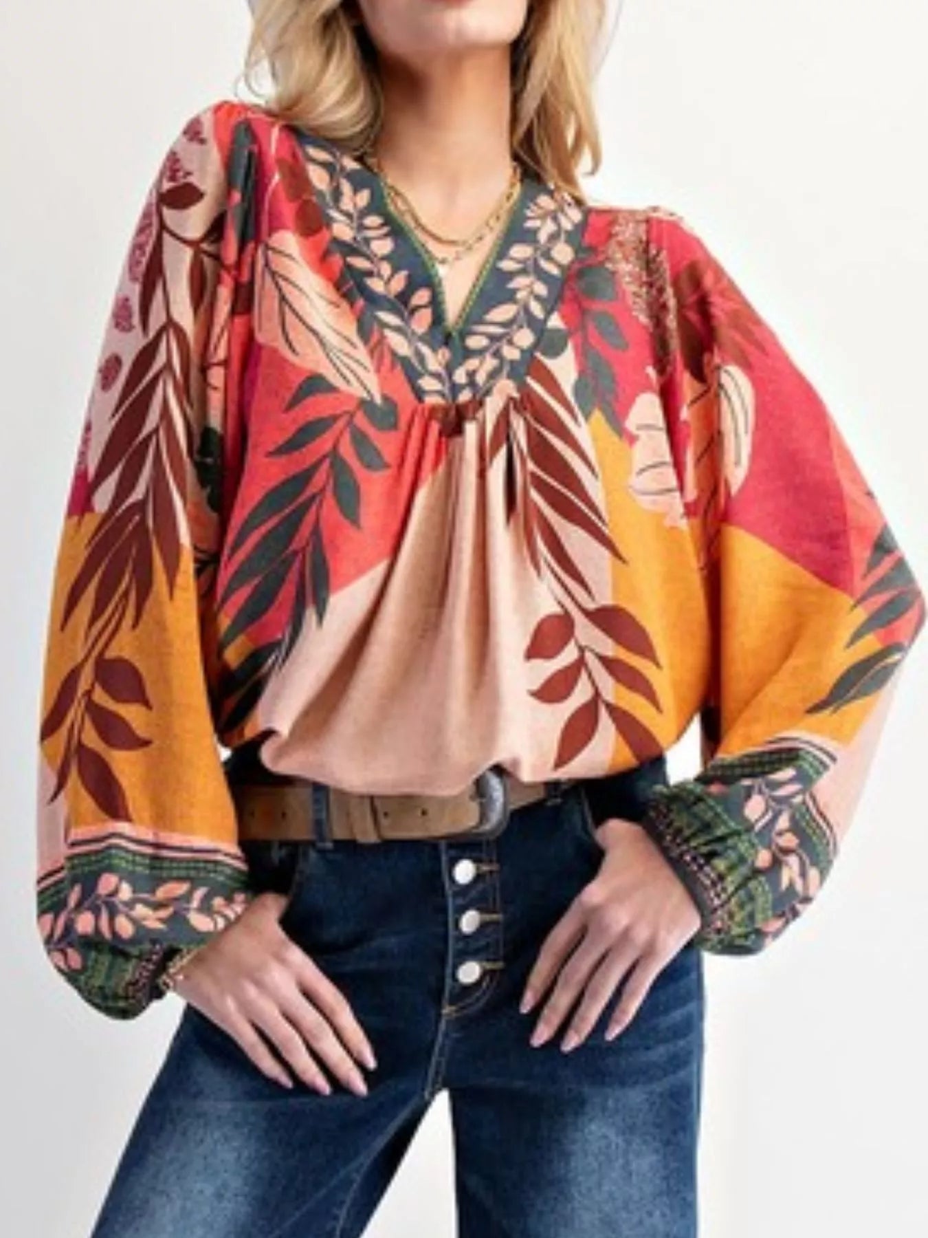 Tropical Print Balloon Sleeve Blouse OutfitFlow