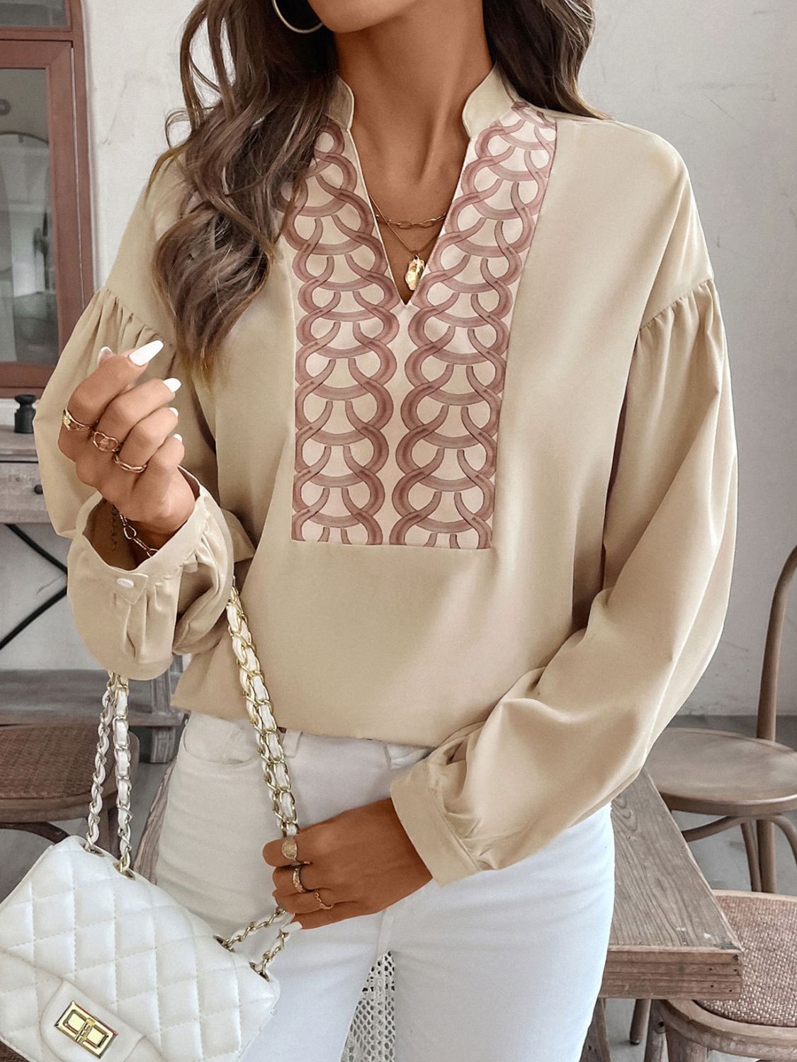 Outfit Flow - Perfee Printed Notched Long Sleeve Blouse