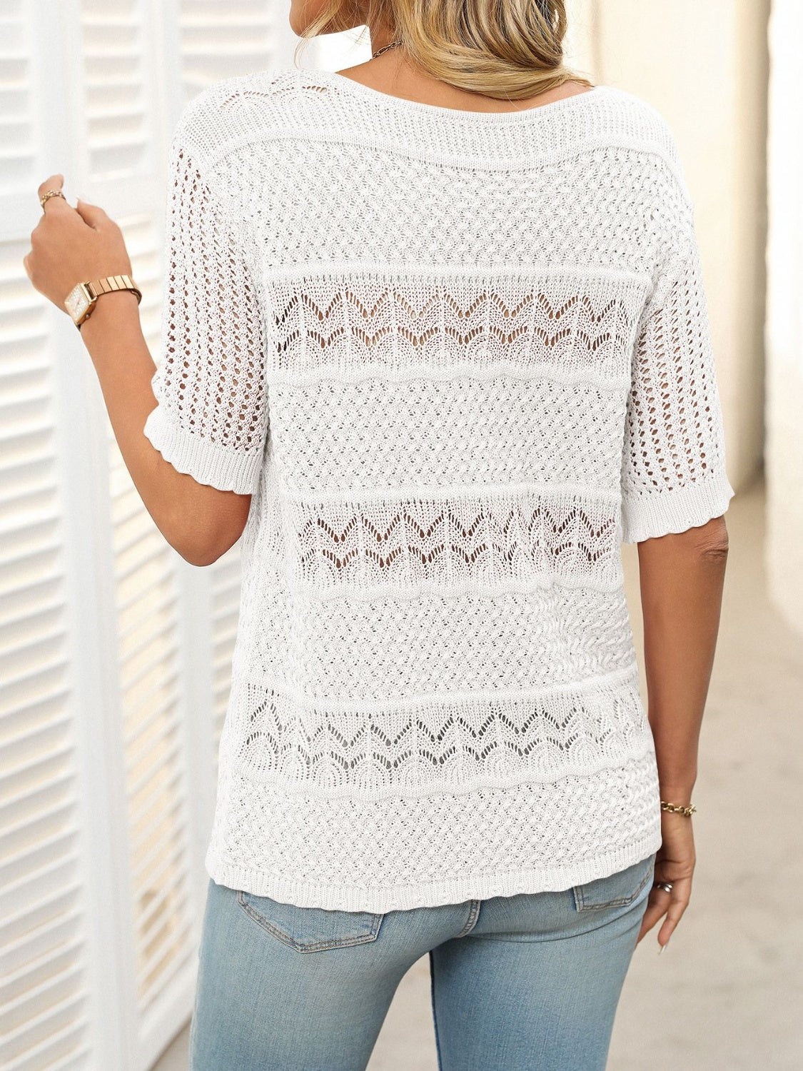 Mandy Openwork Round Neck Half Sleeve Knit Top