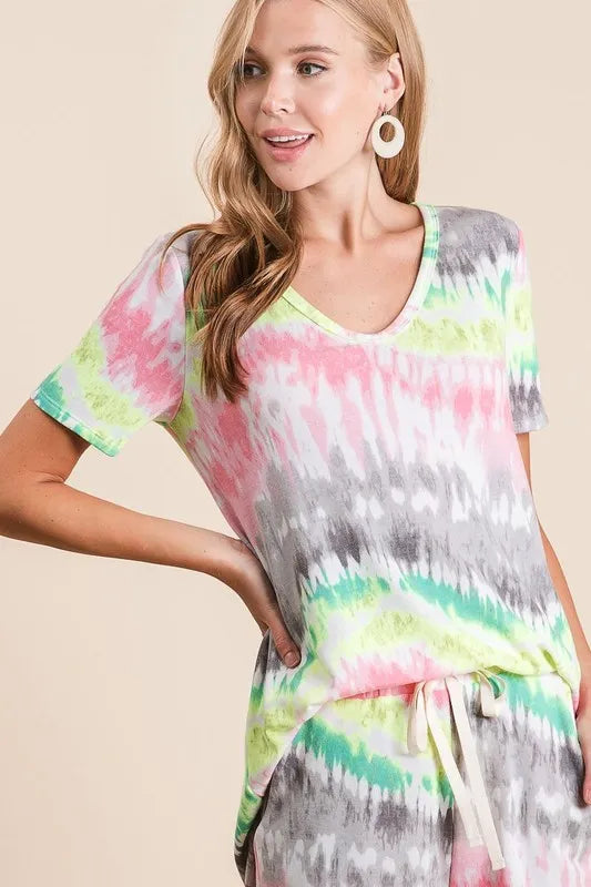 BiBi Tie Dye Print Shorts With Twill Tape Drawstring OutfitFlow