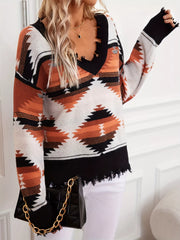 Geometric Frayed Hem V-Neck Long Sleeve Sweater OutfitFlow
