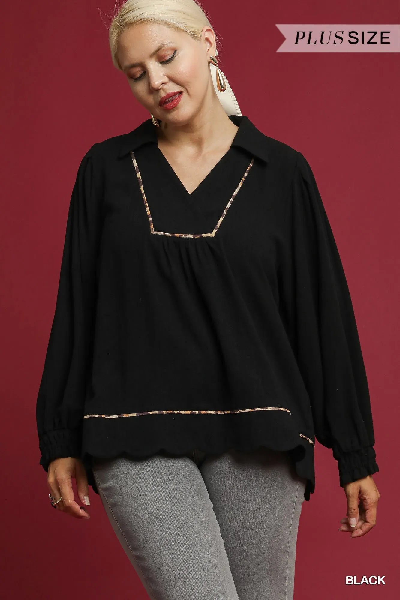 Umgee Full Size Linen Scallop Hem Blouse with Contrast Trim Plus Size Trendsi