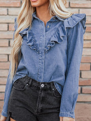 Ruffled Collared Neck Long Sleeve Denim Top OutfitFlow