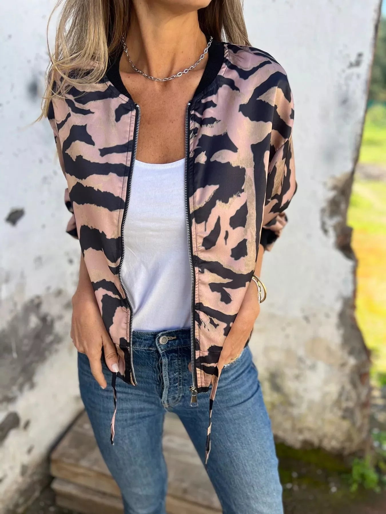 Full Size Zip Up Zebra Print Bomber Jacket Plus Size OutfitFlow
