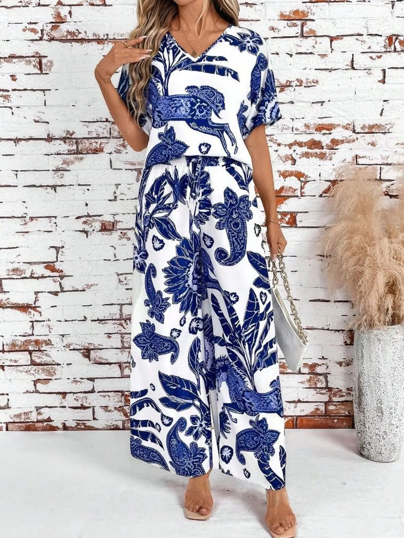 Printed V-Neck Top and Wide Leg Pants Set OutfitFlow