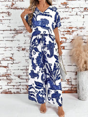 Printed V-Neck Top and Wide Leg Pants Set OutfitFlow