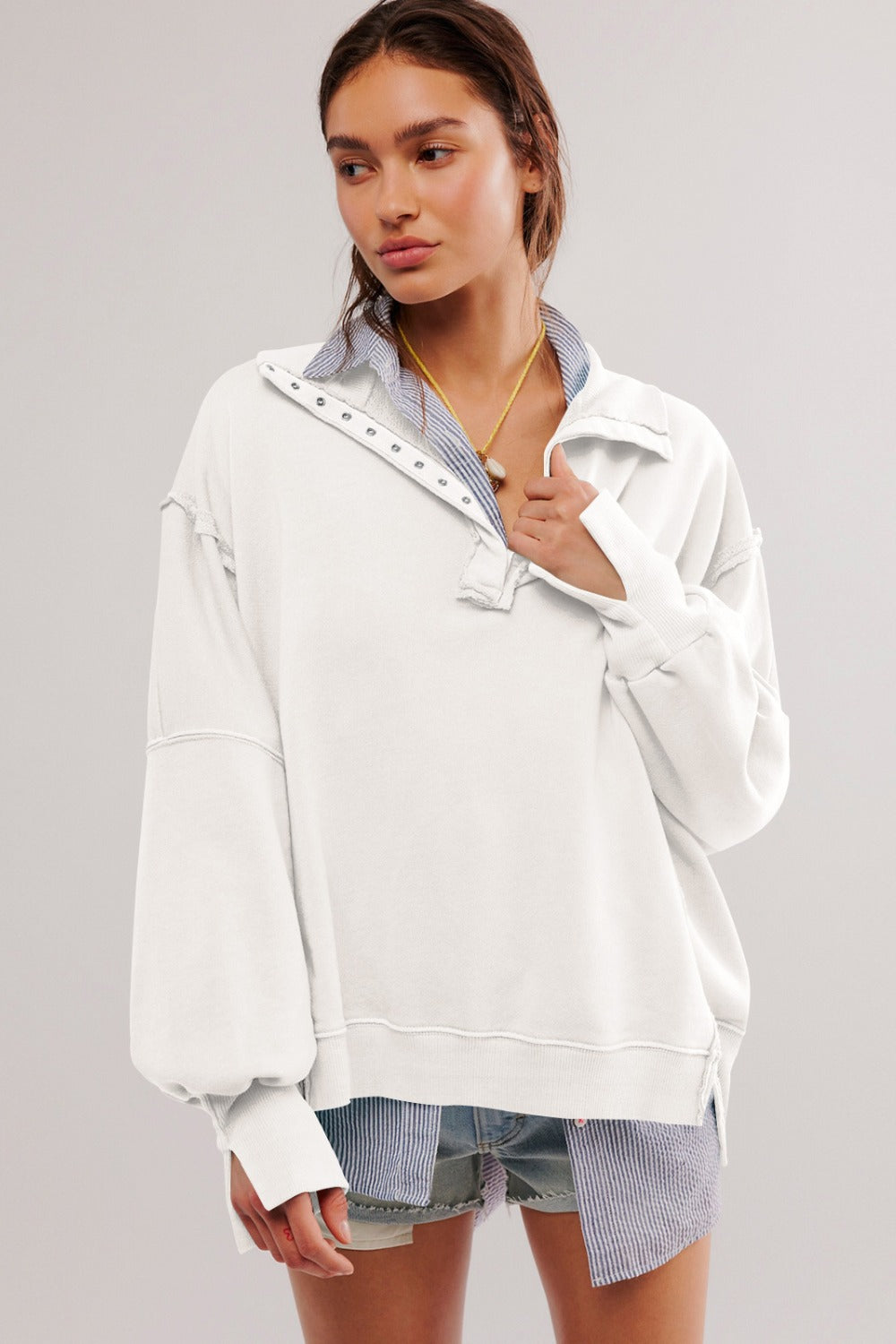 Outfit Flow - Exposed Seam Side Slit Long Sleeve Sweatshirt