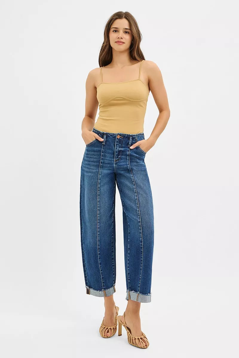 RISEN High Rise Fit Barrel Cuffed Jeans Trendsi