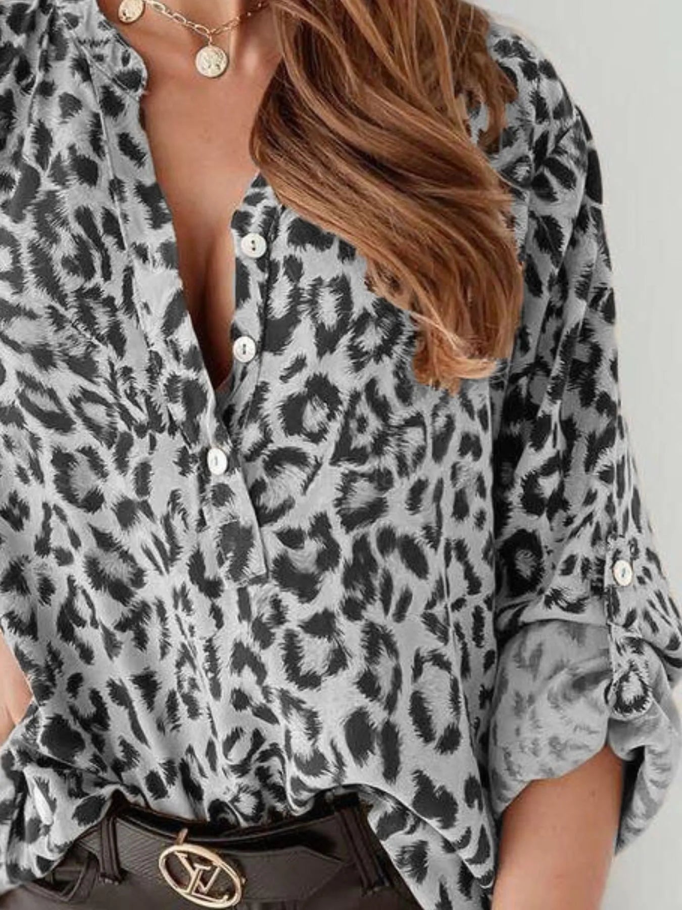 Full Size Leopard Print Roll-Tab Sleeves Blouse Plus Size OutfitFlow