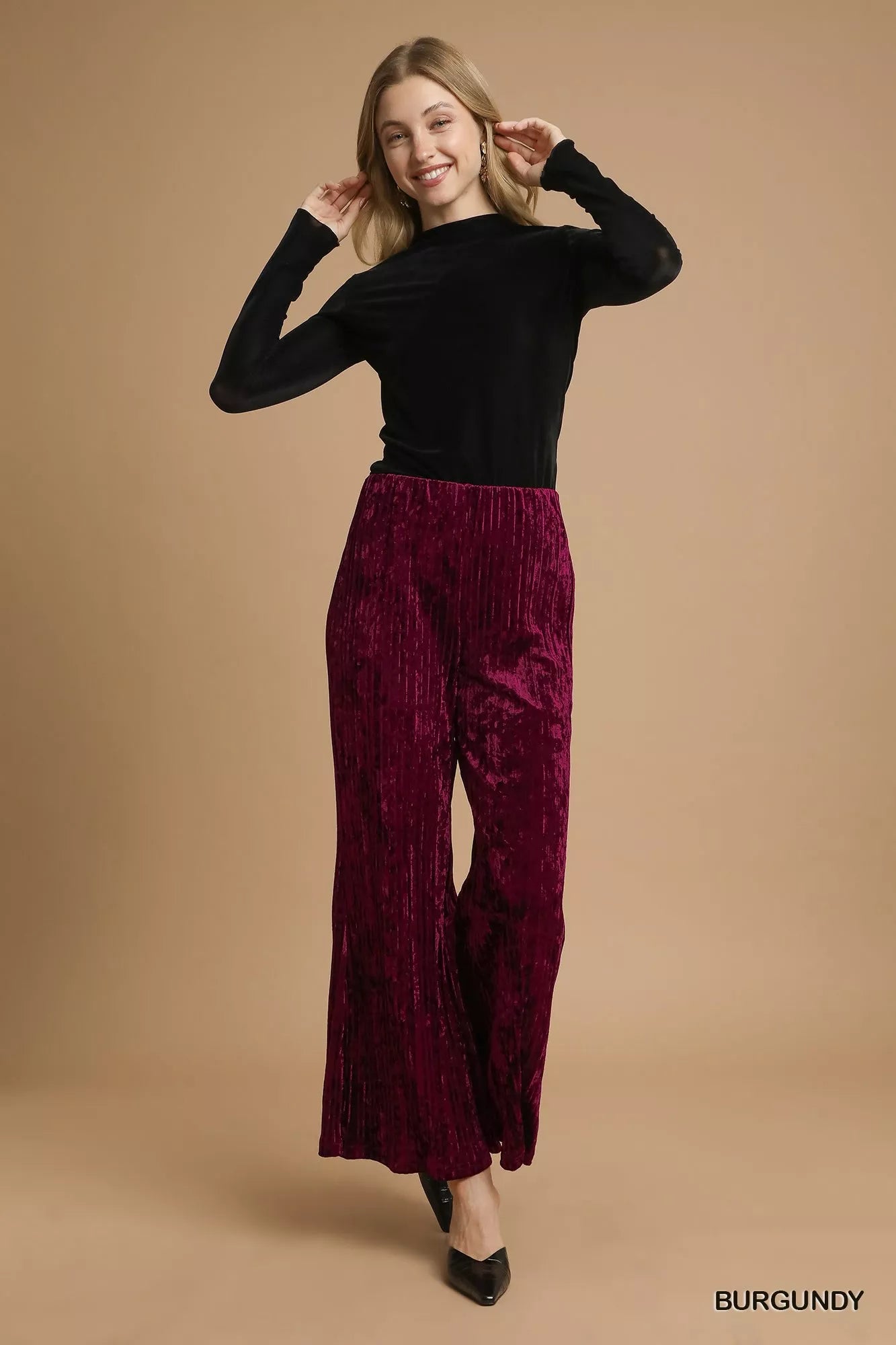 Umgee Velvet Pleated Wide Leg Pants Trendsi