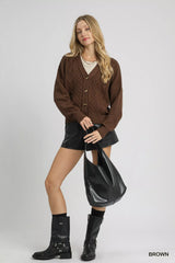 Umgee Chunky Cable Knit V-Neck Button-Up Cardigan OutfitFlow