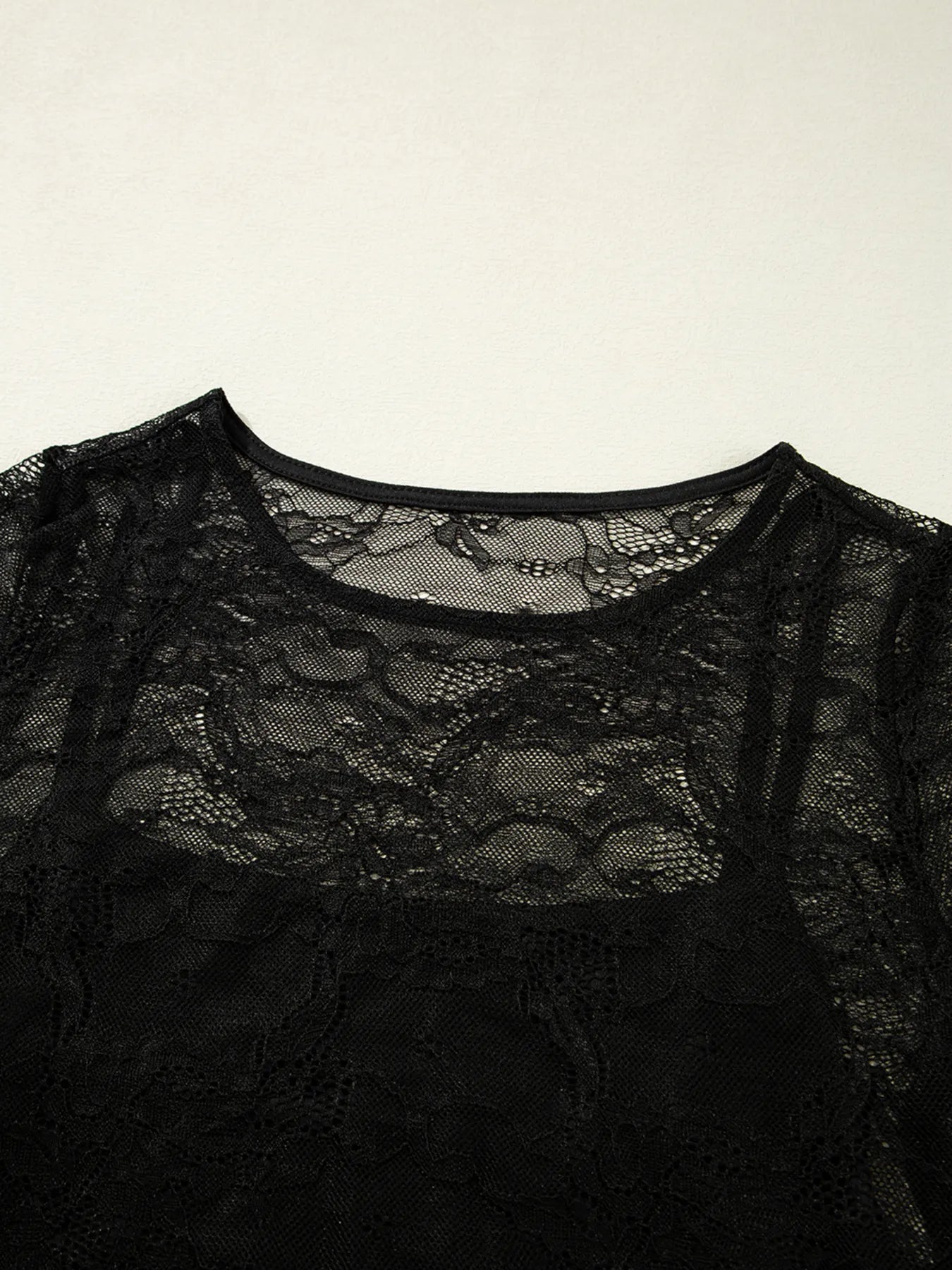 Lace Crochet Mesh Patched Slim Fit Long Sleeve Top OutfitFlow